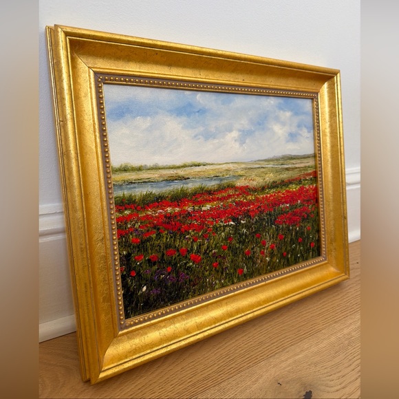 Golden Framed Landscape Art with Red and Green Accents by Carlos Rioz - Picture 2 of 9